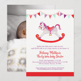 Belated Baby shower rocking horse met baby red Invitation