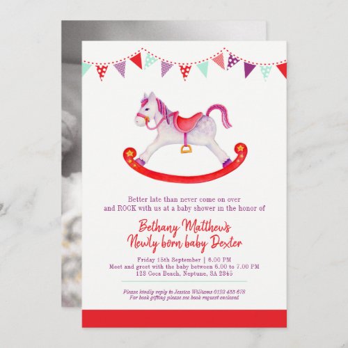 Belated Baby shower rocking horse met baby red Invitation
