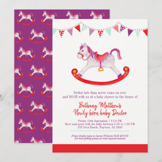 Belated Baby shower rocking horse met baby red Invitation