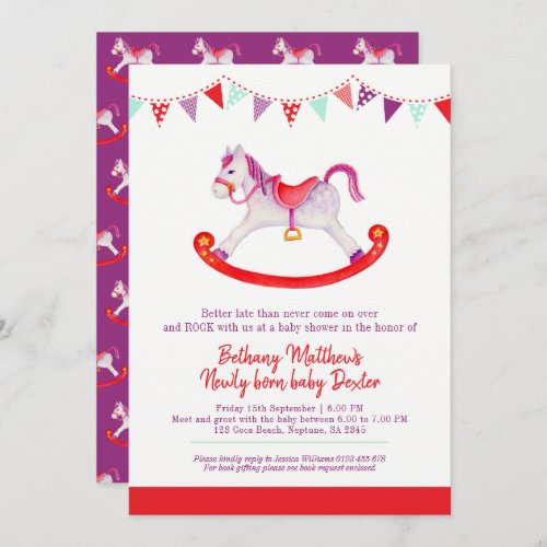 Belated Baby shower rocking horse met baby red Invitation