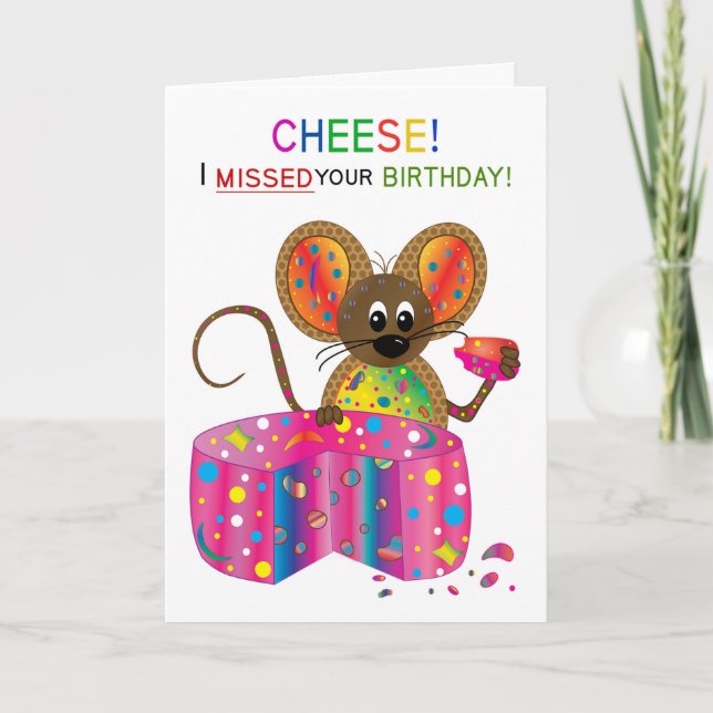 Belated Birthday Adorable Mouse Eating Cheese Card (Front)