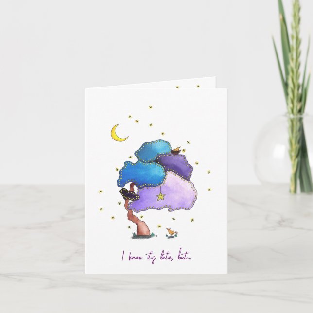 Belated Birthday Cute Night Illustrated Card (Front)