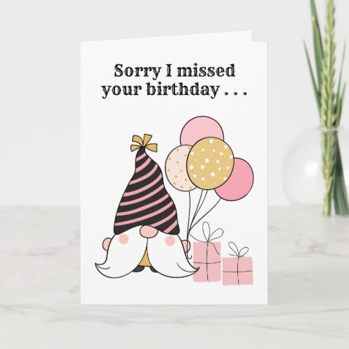 Belated Birthday Gnome with Balloons and Gifts Card
