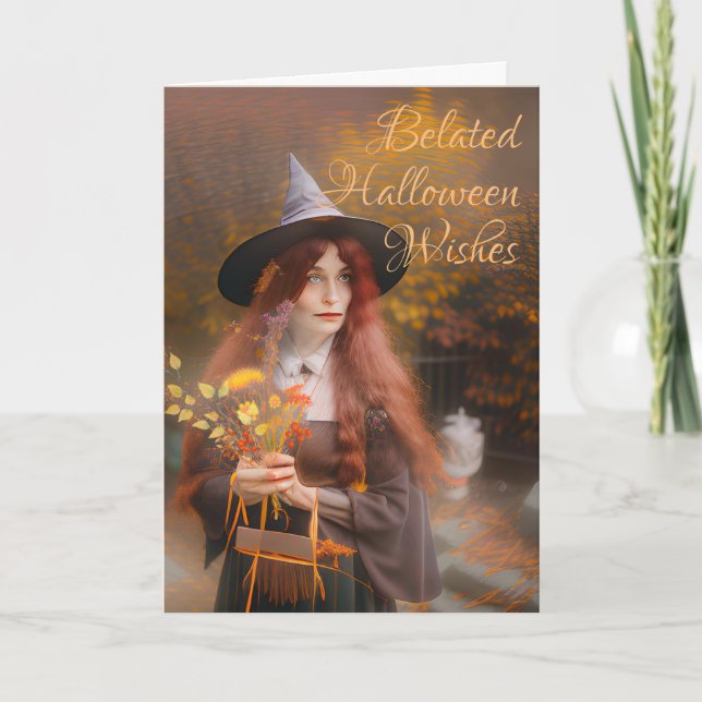 Belated Halloween Wishes Witch and Autumn Bouquet Card (Front)