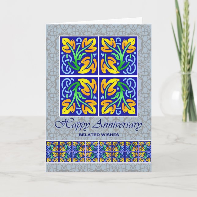 Belated Wedding Anniversary Wishes Leaf Tiles Card (Front)