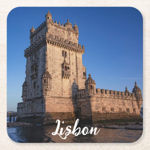 Belem tower at sunset in Lisbon Portugal Square Paper Coaster