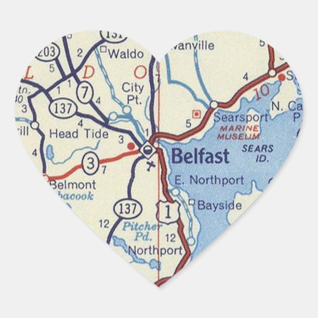 Belfast Maine Vintage Map Heart Sticker (Front)
