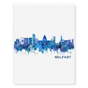 Belfast Northern Ireland Skyline Blue Temporary Tattoos