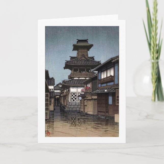 Belfry in Okayama, Hasui Kawase, Woodcut Card (Front)
