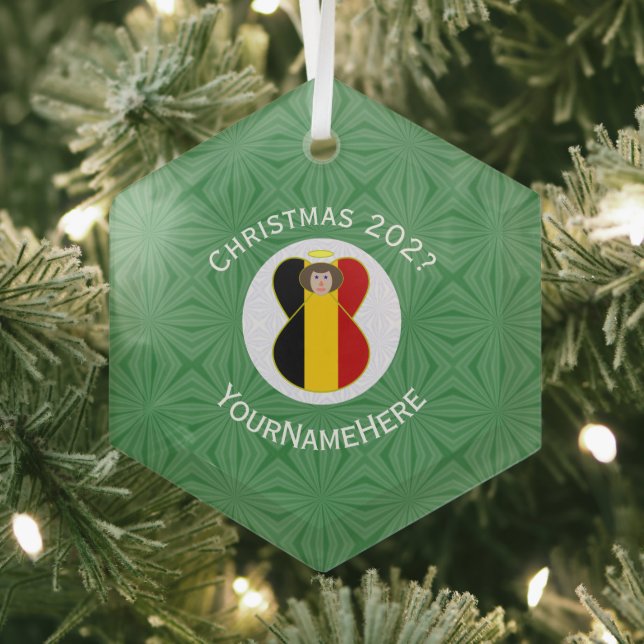 Belgian Angel Christmas Flag Personalized  Glass Ornament (Insitu)