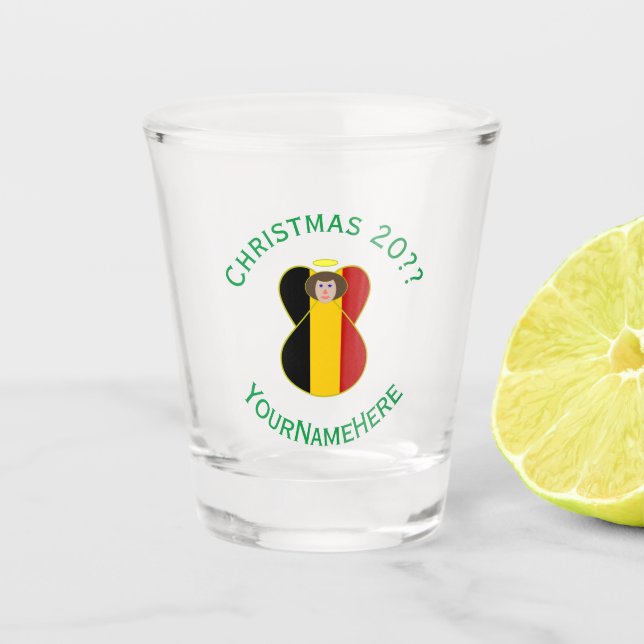 Belgian Angel Christmas Flag Personalized  Shot Glass (Front)