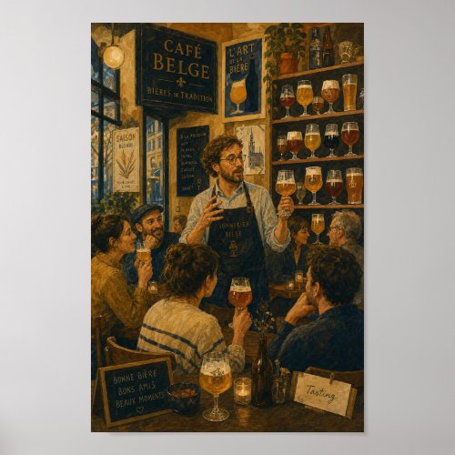 Belgian Beer Tasting Café Scene Poster