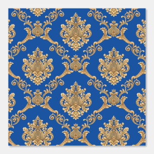 Belgian Damask Gold on Blue Designer Wallpaper