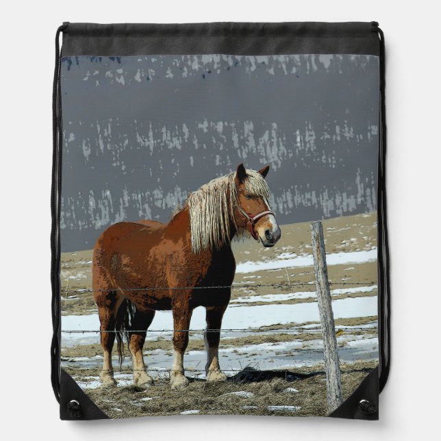 Belgian Draft Horse In Paddock Drawstring Backpack (Front)