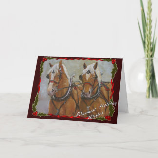 Belgian Draft horse team Holiday card on red