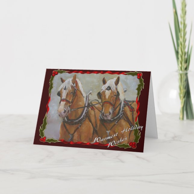 Belgian Draft horse team Holiday card on red (Front)