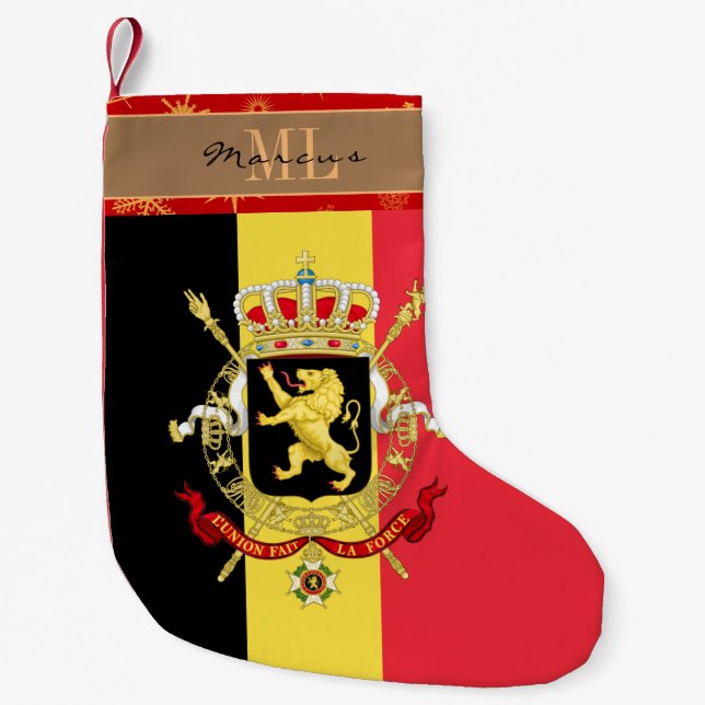 Belgian Flag stocking, Belgium, monogram snowflake Small Christmas Stocking (Front)