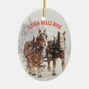 Belgian Horse Team Sleigh Bells Ring Ceramic Ornament