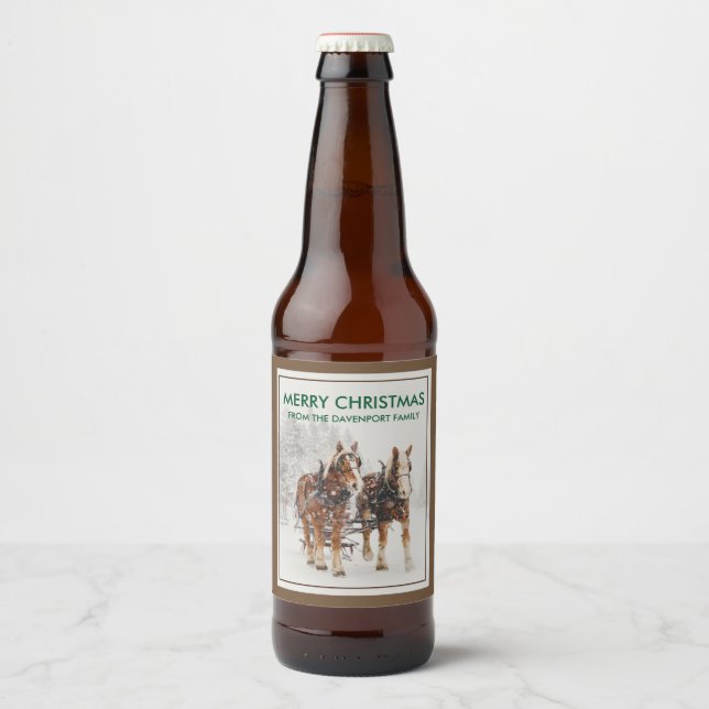 Belgian Horse Team Wintery Christmas Scene Beer Bottle Label (Front)