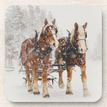 Belgian Horse Team Wintery Christmas Scene Beverage Coaster