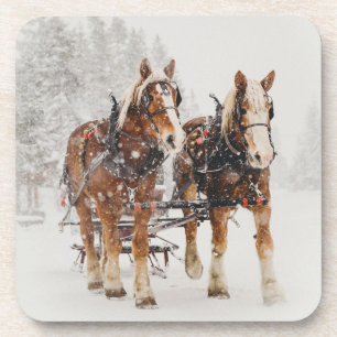 Belgian Horse Team Wintery Christmas Scene Beverage Coaster