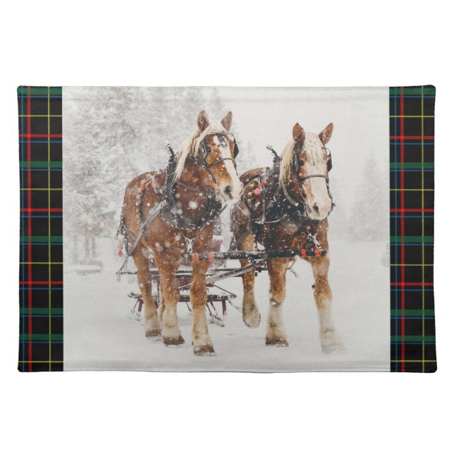 Belgian Horse Team Wintery Christmas Scene Cloth Placemat (Front)