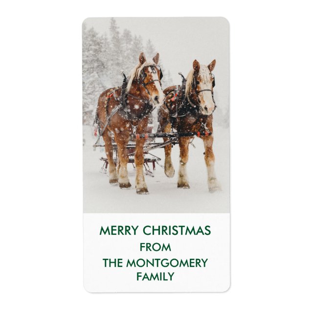 Belgian Horse Team Wintery Christmas Scene Gift Label (Front)