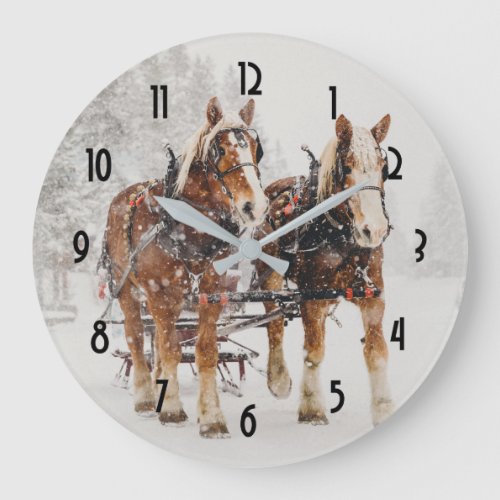 Belgian Horse Team Wintery Christmas Scene Large Clock