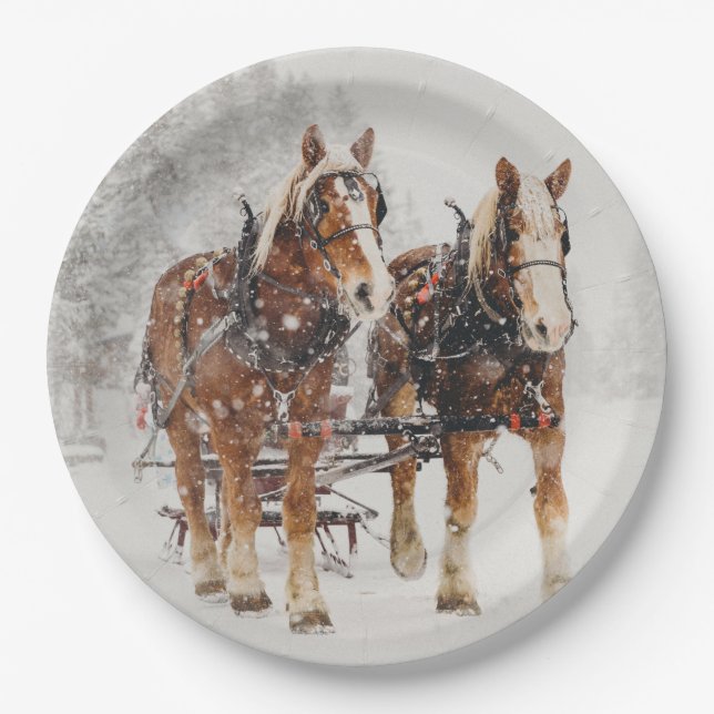 Belgian Horse Team Wintery Christmas Scene Paper Plates (Front)