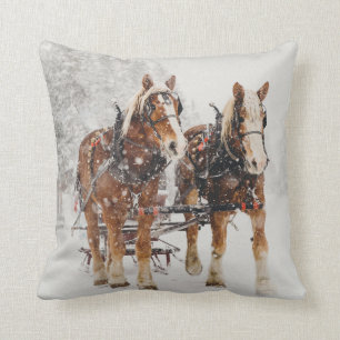 Belgian Horse Team Wintery Christmas Scene Throw Pillow