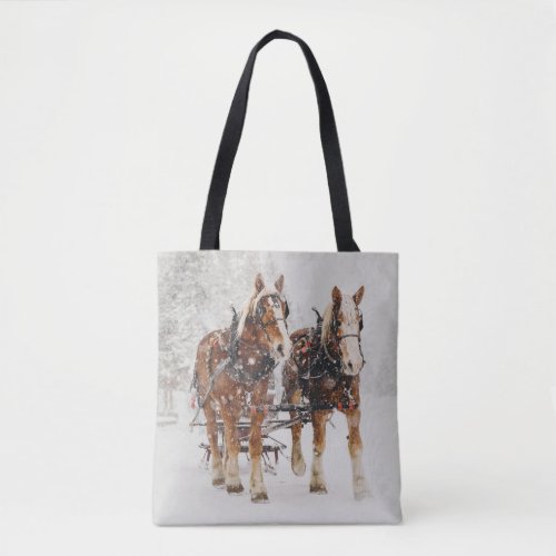 Belgian Horse Team Wintery Christmas Scene Tote Bag