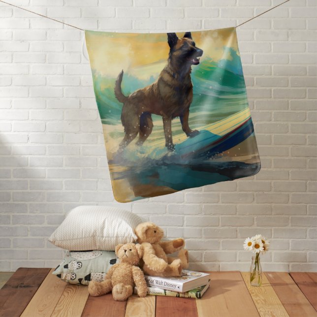 Belgian Malinoi Beach Surfing Painting Baby Blanket (In Situ)