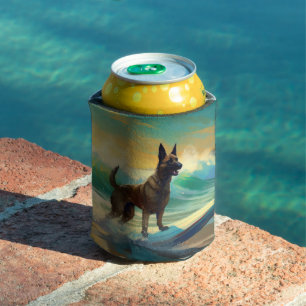 Belgian Malinoi Beach Surfing Painting Can Cooler