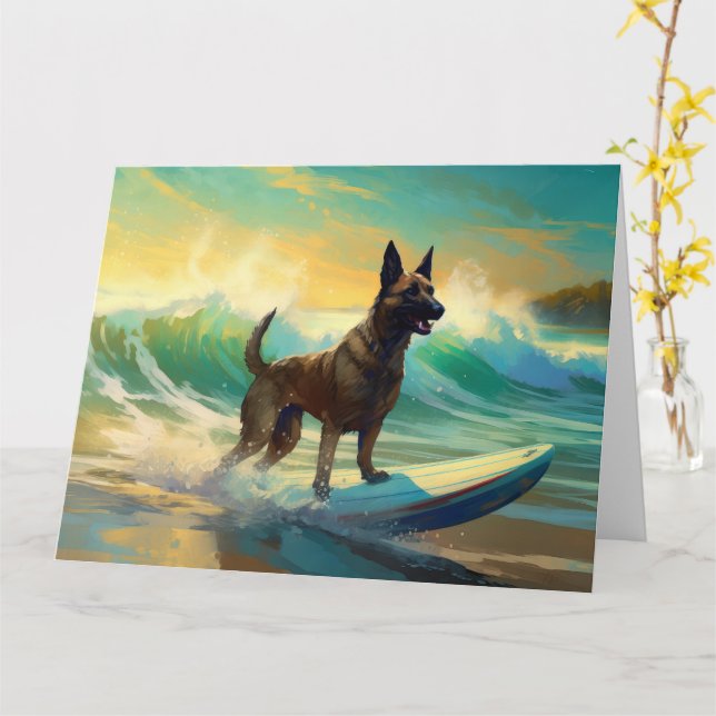 Belgian Malinoi Beach Surfing Painting Card (Yellow Flower)