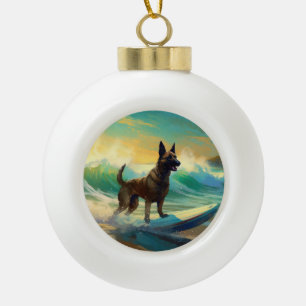 Belgian Malinoi Beach Surfing Painting Ceramic Ball Christmas Ornament
