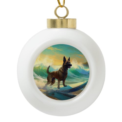 Belgian Malinoi Beach Surfing Painting Ceramic Ball Christmas Ornament