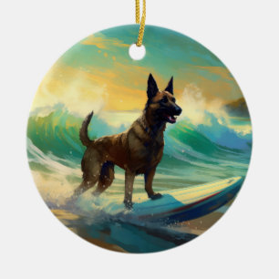 Belgian Malinoi Beach Surfing Painting Ceramic Ornament