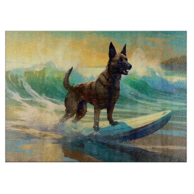 Belgian Malinoi Beach Surfing Painting Cutting Board (Front)