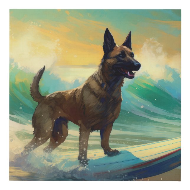 Belgian Malinoi Beach Surfing Painting Faux Canvas Print (Front)
