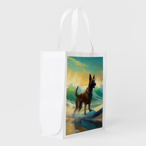 Belgian Malinoi Beach Surfing Painting Grocery Bag