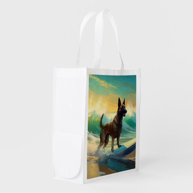 Belgian Malinoi Beach Surfing Painting Grocery Bag (Front Side)