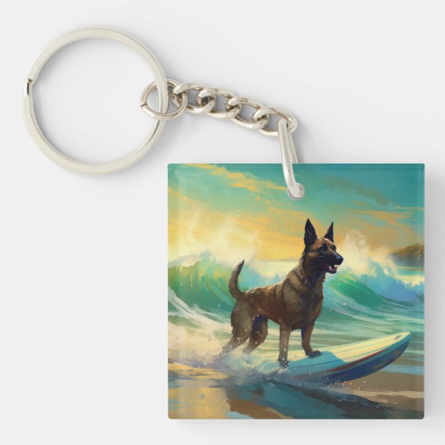 Belgian Malinoi Beach Surfing Painting Keychain (Front)