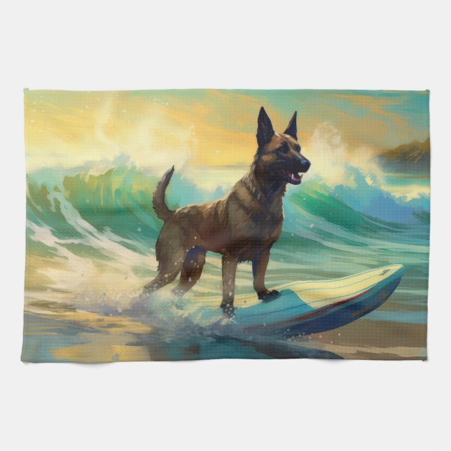 Belgian Malinoi Beach Surfing Painting Kitchen Towel (Horizontal)