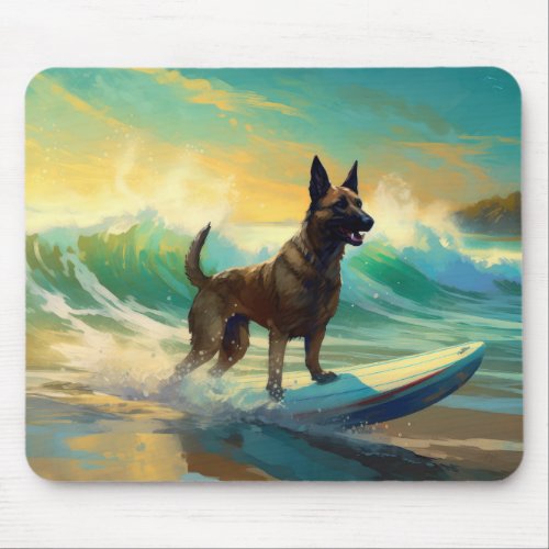 Belgian Malinoi Beach Surfing Painting Mouse Pad