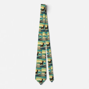 Belgian Malinoi Beach Surfing Painting Neck Tie
