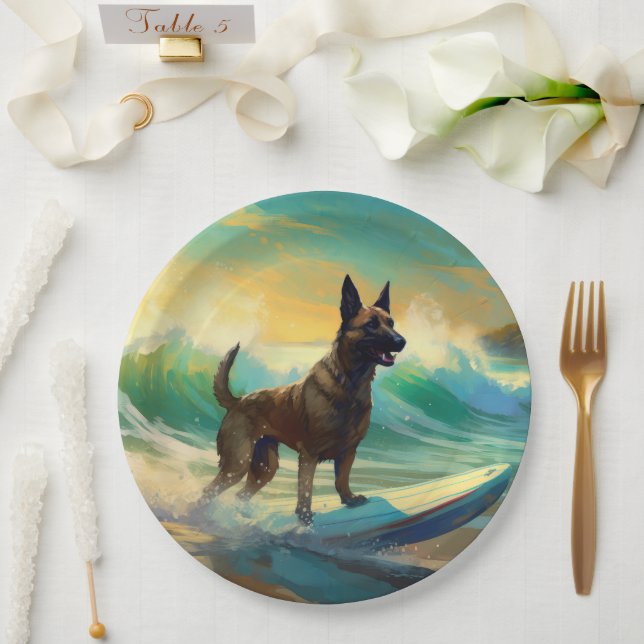 Belgian Malinoi Beach Surfing Painting Paper Plates (Wedding)