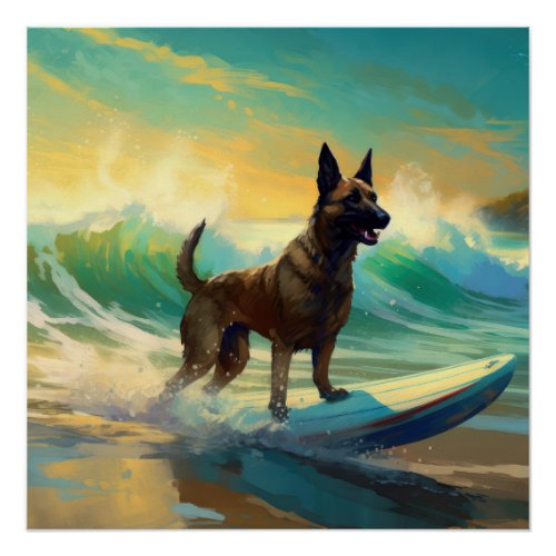 Belgian Malinoi Beach Surfing Painting Poster