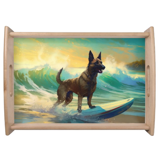 Belgian Malinoi Beach Surfing Painting Serving Tray (Front)