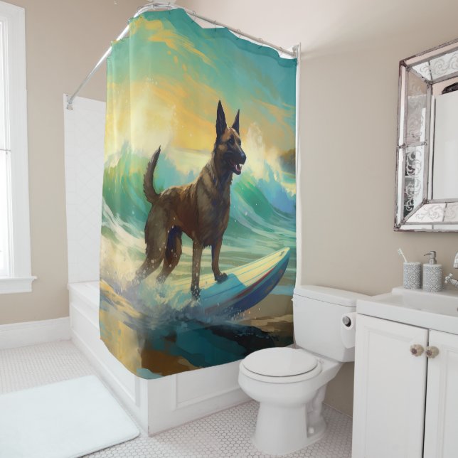 Belgian Malinoi Beach Surfing Painting Shower Curtain (In Situ)