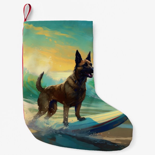 Belgian Malinoi Beach Surfing Painting Small Christmas Stocking (Front)